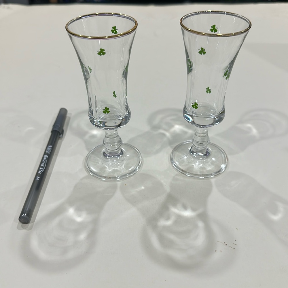 Irish Clovers and Gold Rim Cordial Glasses